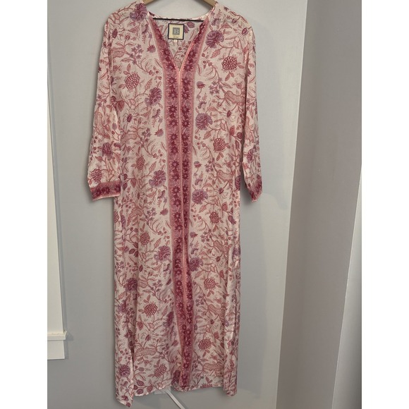 BELL By Alicia Bell Dress Sz Large Jane Maxi Kaftan 3/4 Sleeve Pink Print Slit - Picture 1 of 8